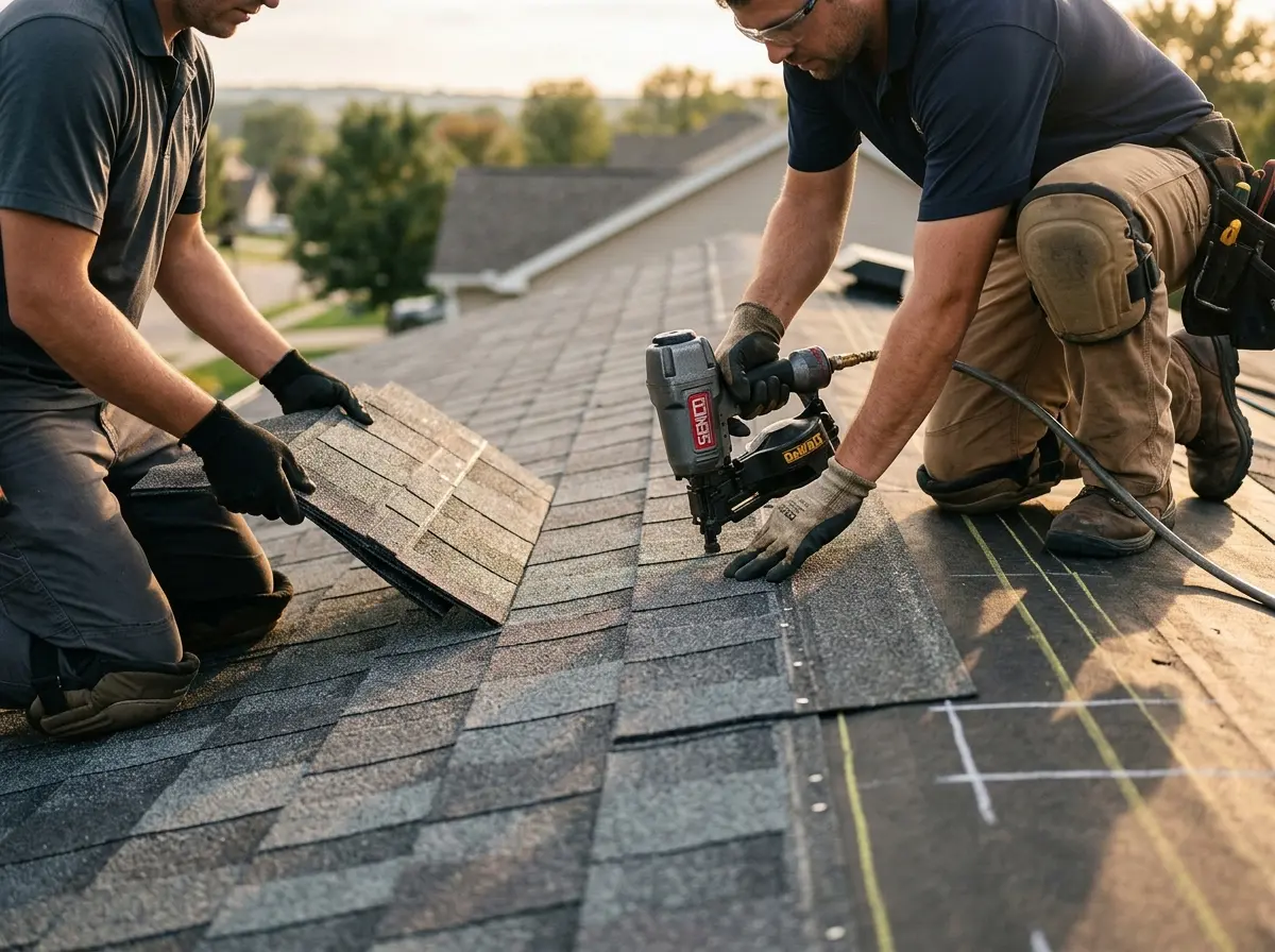 Professional roofer working on a residential roof in Calumet